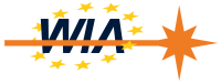 Logo de la asociación Women In Aerospace. Muestra las iniciales de la asociación: W, I, A en azul marino junto con una serie de estrellas amarillas a su alrededor