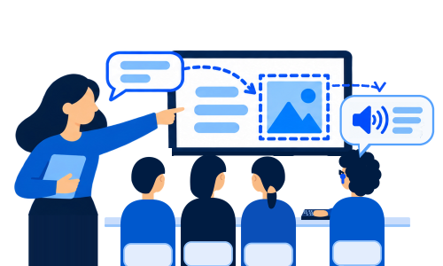 Una ilustración plana y minimalista en tonos azules y blancos que muestra a una instructora de pie enseñando a cuatro estudiantes en un aula. La instructora, con cabello largo y un traje azul, está de pie a la izquierda, sosteniendo una tableta y señalando con la otra mano a una gran pantalla montada en la pared. Un bocadillo de diálogo con texto sale de ella.  Frente a la pantalla, cuatro estudiantes están sentados de espaldas en primer plano, mirando hacia arriba.