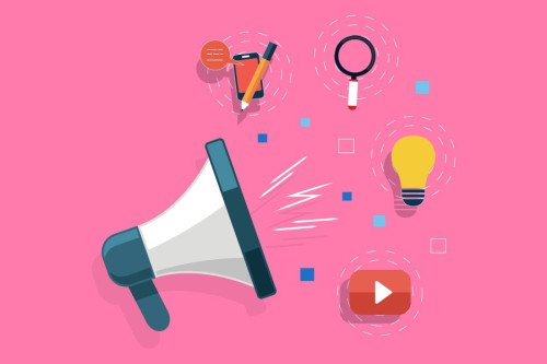 Dibujo de un altavoz sobre fondo rosa del que salen el logo de YouTube, una bombilla, una lupa y un móvil con un lápiz. Imagen de Mudassar Iqbal en Pixabay 